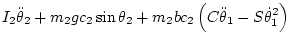 $\displaystyle I_{2} \ddot\theta_2
+ m_2 g c_2\sin\theta_2
+ m_2 bc_2 \left( C\ddot\theta_1 - S\dot\theta_1^2 \right)$